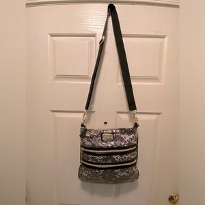Betsey Johnson Black W/Designs Guitar Strap Purse Two Zipper in Front Like New